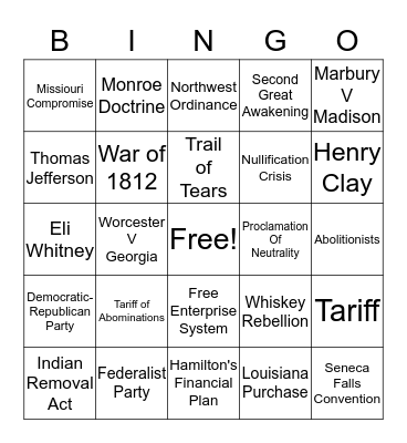 Early Republic/Age of Jackson Bingo Card