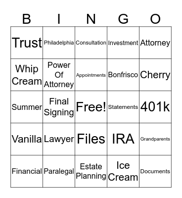 Bonfrisco Law Firm Bingo Card