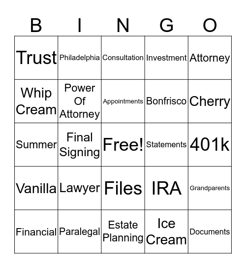 Bonfrisco Law Firm Bingo Card
