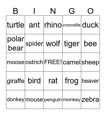 Animals Bingo Card