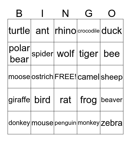 Animals Bingo Card