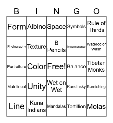 Fine Arts Bingo Review Term 4 Bingo Card