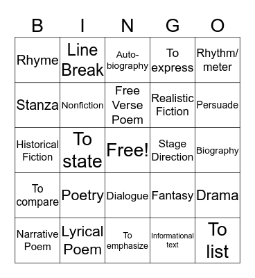 Genre/Author's Purpose Bingo Card
