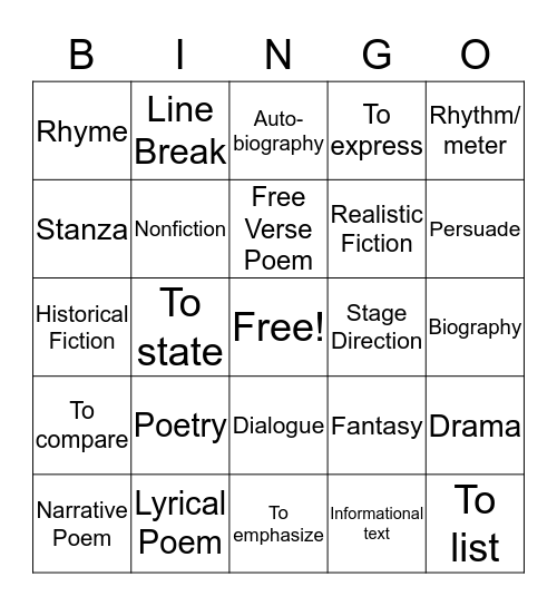 Genre/Author's Purpose Bingo Card