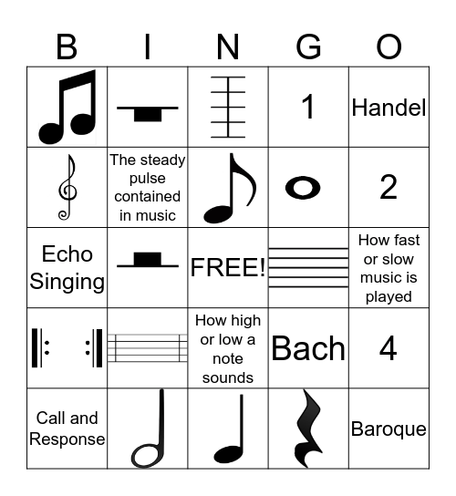 1st Grade Music Bingo Card