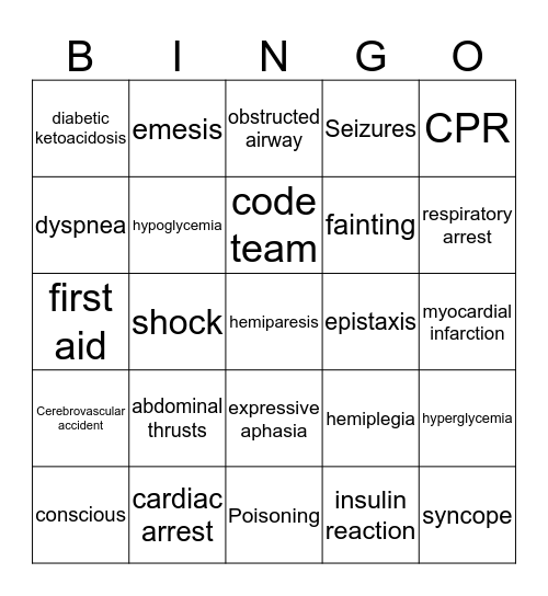 Ch. 8 Emergency Care, First Aid, and Disasters Bingo Card