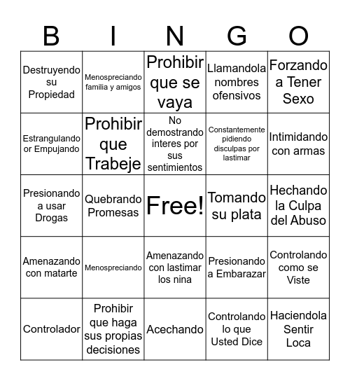 Domestic violence Red Flags Bingo Card