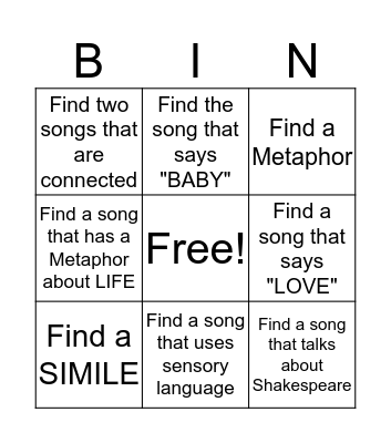 ELA Music Bingo Card