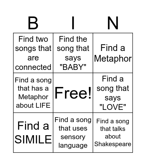 ELA Music Bingo Card