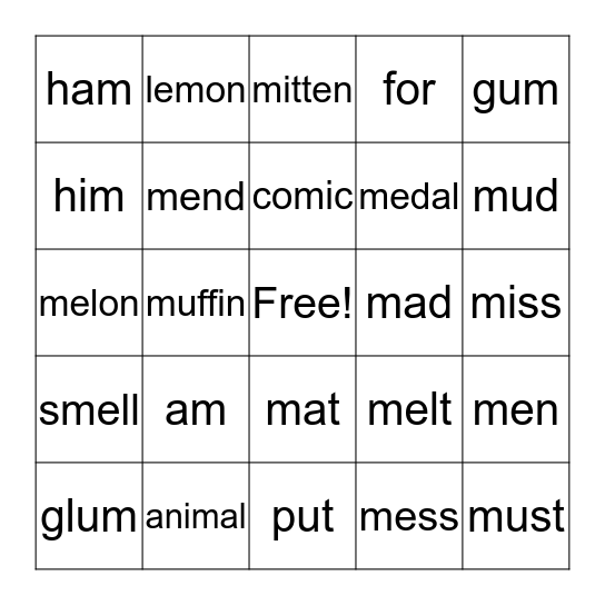 M Bingo Card