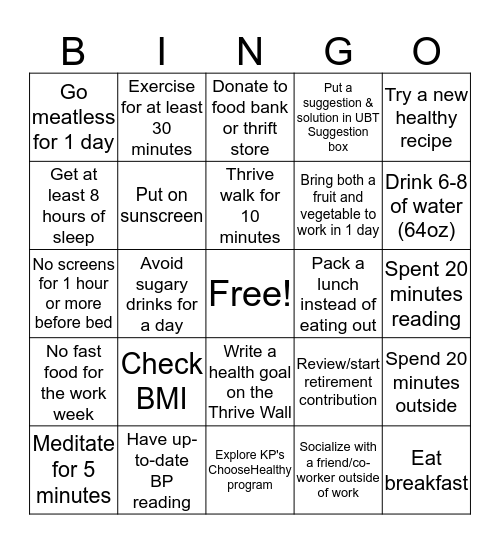 Wellness Week Bingo Card