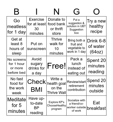 Wellness Week Bingo Card