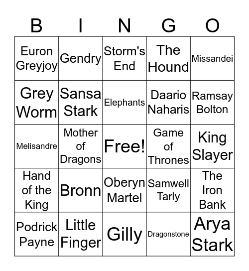 Game of Thrones  Bingo Card