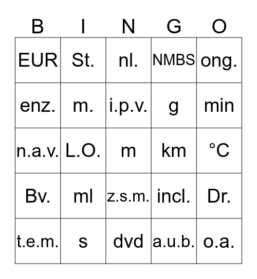 Afkortingen-bingo Card