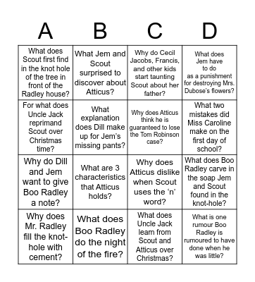 TO KILL A MOCKINGBIRD  Bingo Card