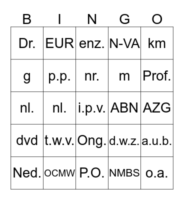 Afkortingen-bingo Card