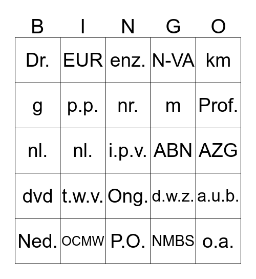 Afkortingen-bingo Card