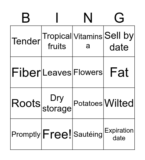 Fruits and vegetables  Bingo Card