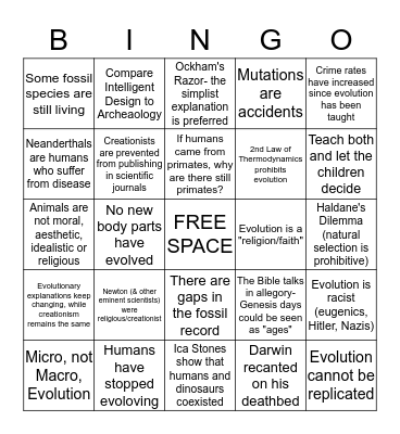 Bill Nye Vs. Ken Ham Bingo Card