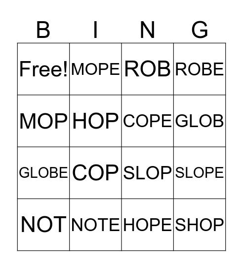 Short O & Long O  Bingo Card