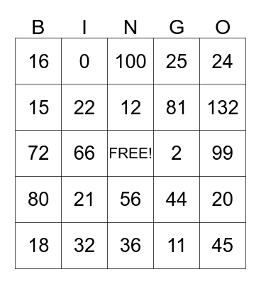 Math Facts Bingo Card