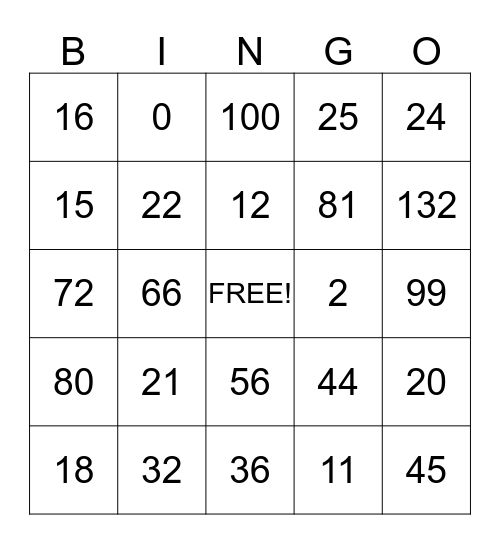 Math Facts Bingo Card