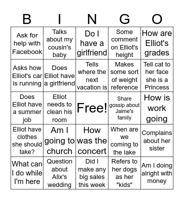 Things Carol Will Say 2 Bingo Card