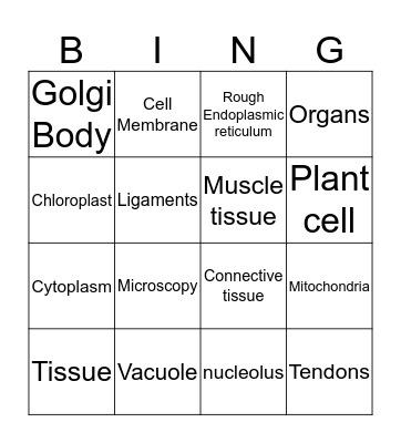 Cells organelles and tissues Bingo Card