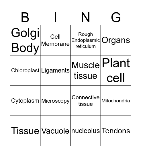 Cells organelles and tissues Bingo Card