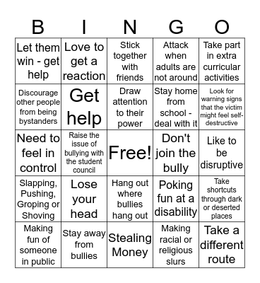 Bully Prevention Bingo Card