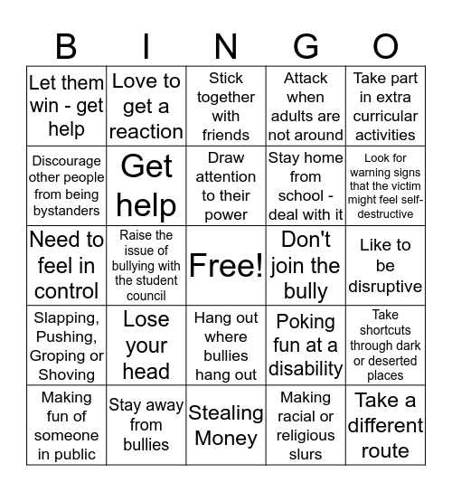 Bully Prevention Bingo Card