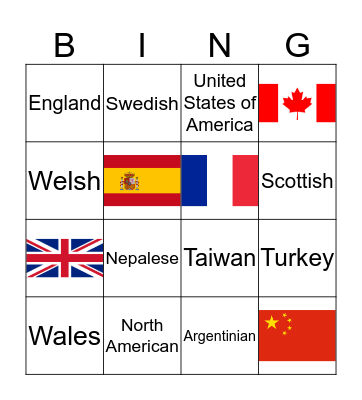 COUNTRIES AND NATIONALITIES Bingo Card