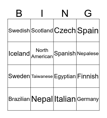 COUNTRIES AND NATIONALITIES Bingo Card