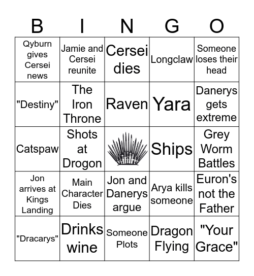 Game of Thrones Episode 5 Bingo Card