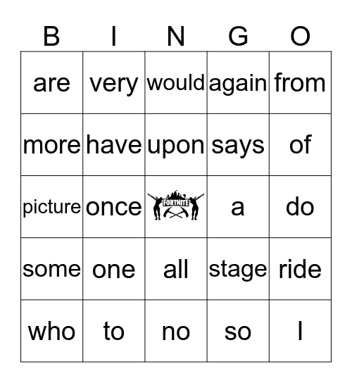 Fortnite Sight Word Bingo Card