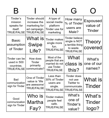 Shout 'Tinder' when you achieve Bingo status Bingo Card