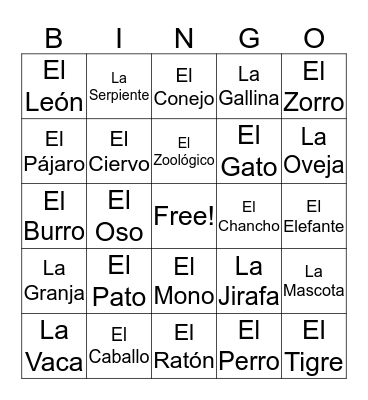 Los Animales Bingo Card
