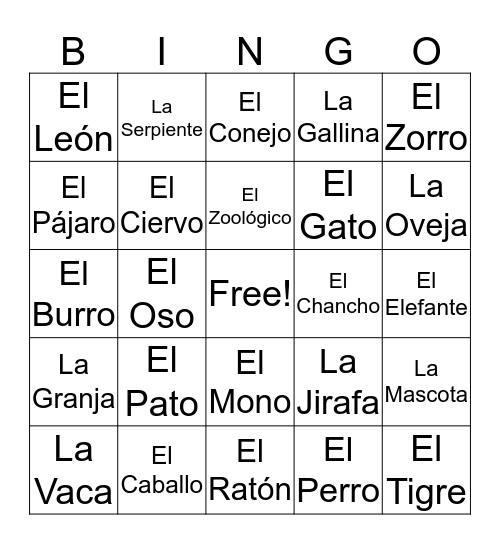 Los Animales Bingo Card