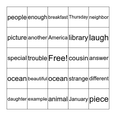 Trick Words Level 3 Bingo Card