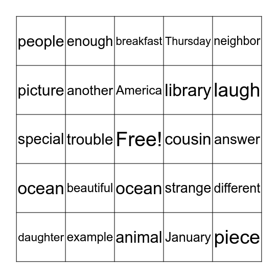 Trick Words Level 3 Bingo Card