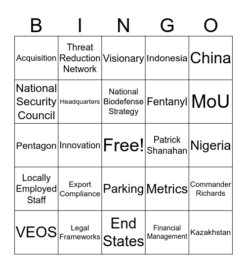 DTRA Bingo Card