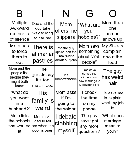 Arranged marriage first meeting Bingo Card