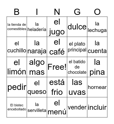 Spanish unit 2 Bingo Card