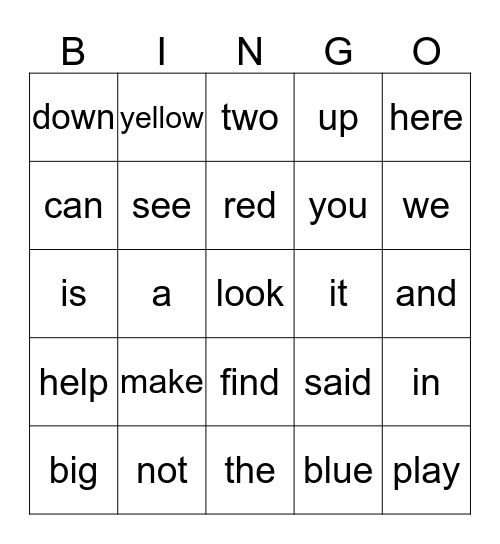 Sight Word Bingo Card