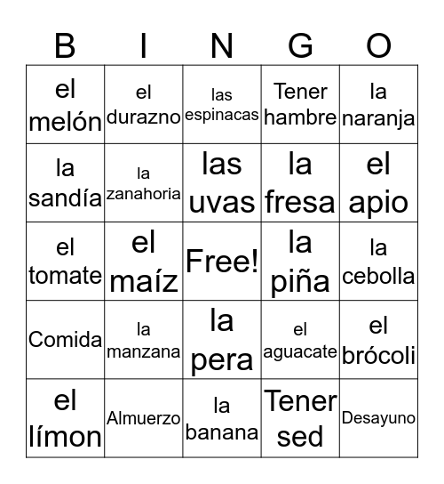 Frutas y Vegetales Bingo Card