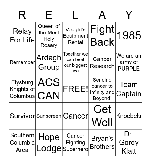 Relay For Life BINGO Card