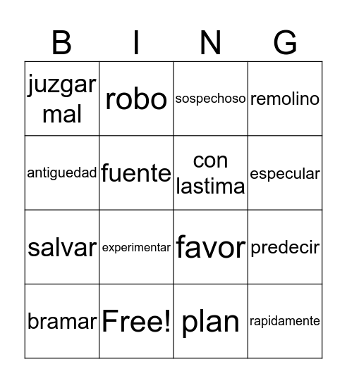 Palabras de vocabulario Bingo Card