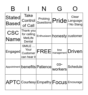 Customer Service Bingo Card