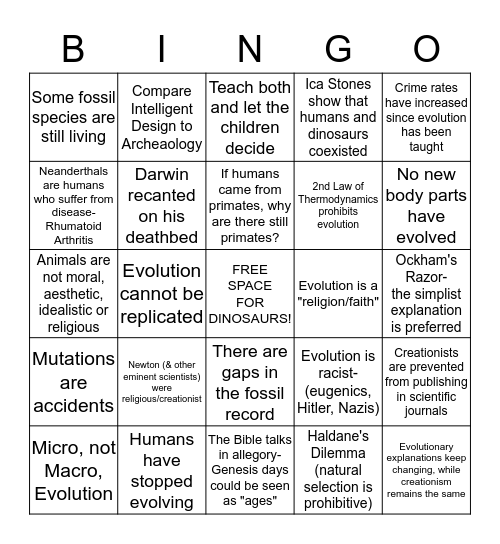 Bill Nye Vs. Ken Ham Bingo Card