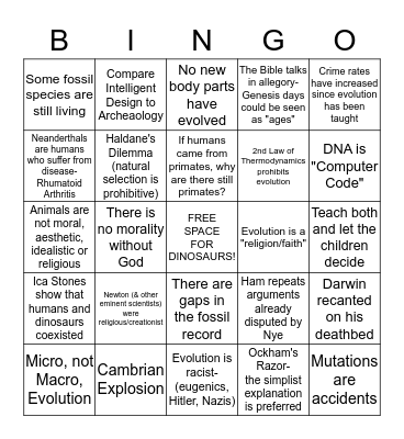 Bill Nye Vs. Ken Ham Bingo Card